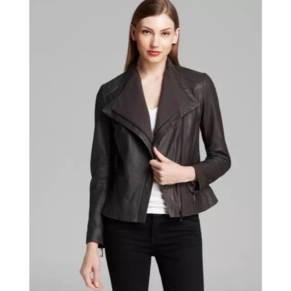 Elie Tahari Jeanette Drape Front Leather Jacket Small